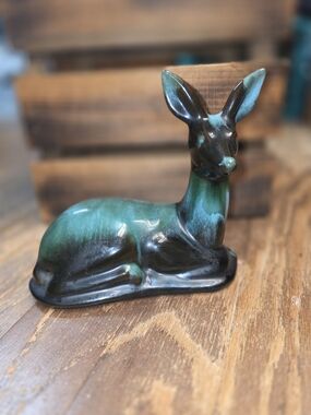 Vintage Blue Mountain Pottery Green and Black Ceramic Deer Figurine